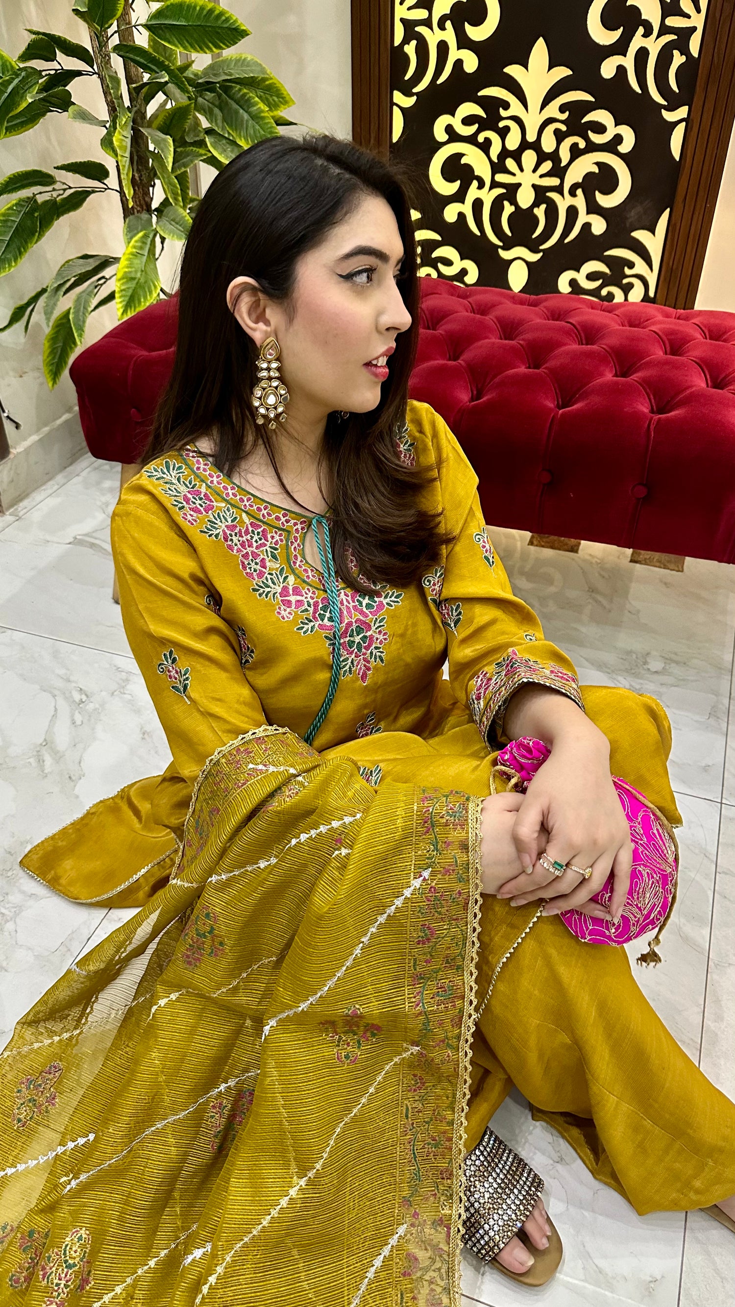 LX-20 Ari work mustard 3pc with cotton net duppata