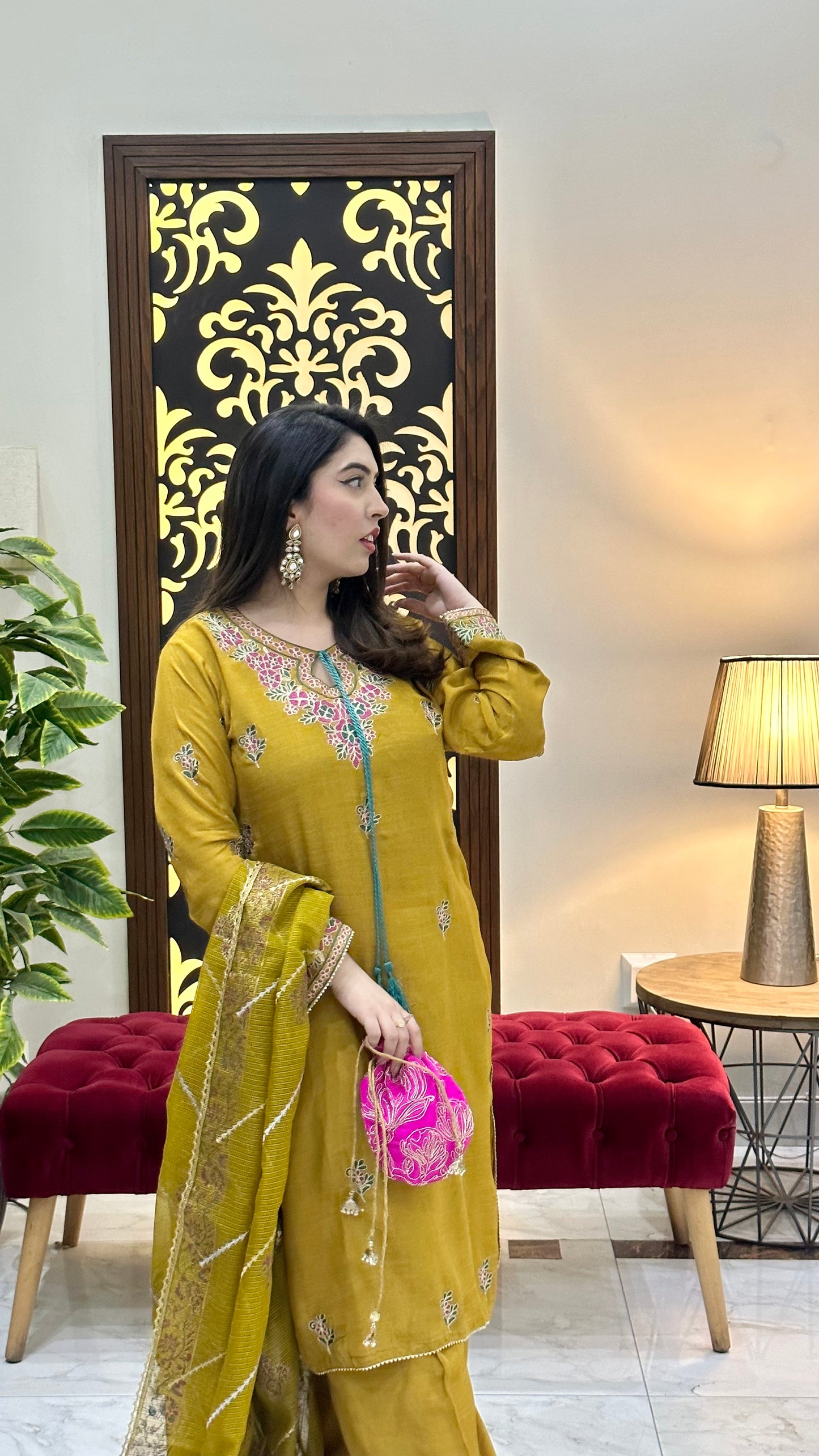 LX-20 Ari work mustard 3pc with cotton net duppata