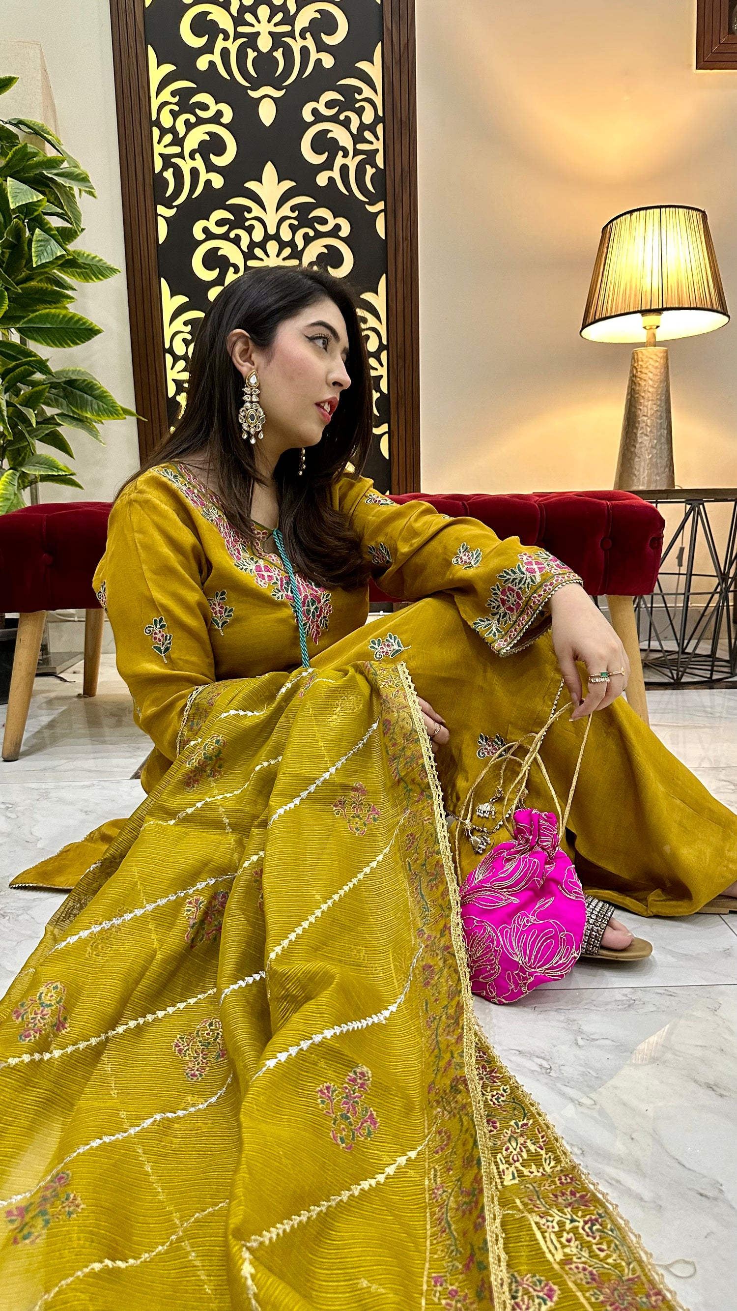 LX-20 Ari work mustard 3pc with cotton net duppata