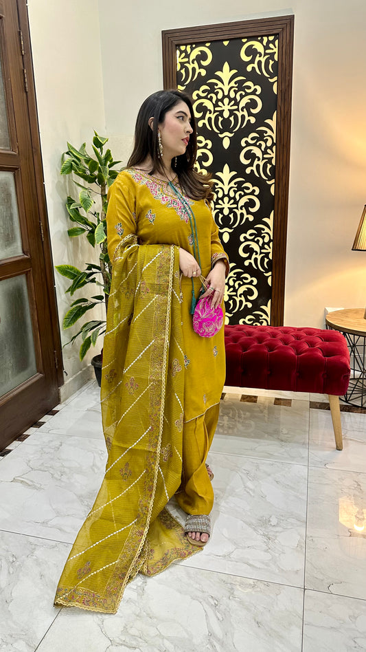 LX-20 Ari work mustard 3pc with cotton net duppata