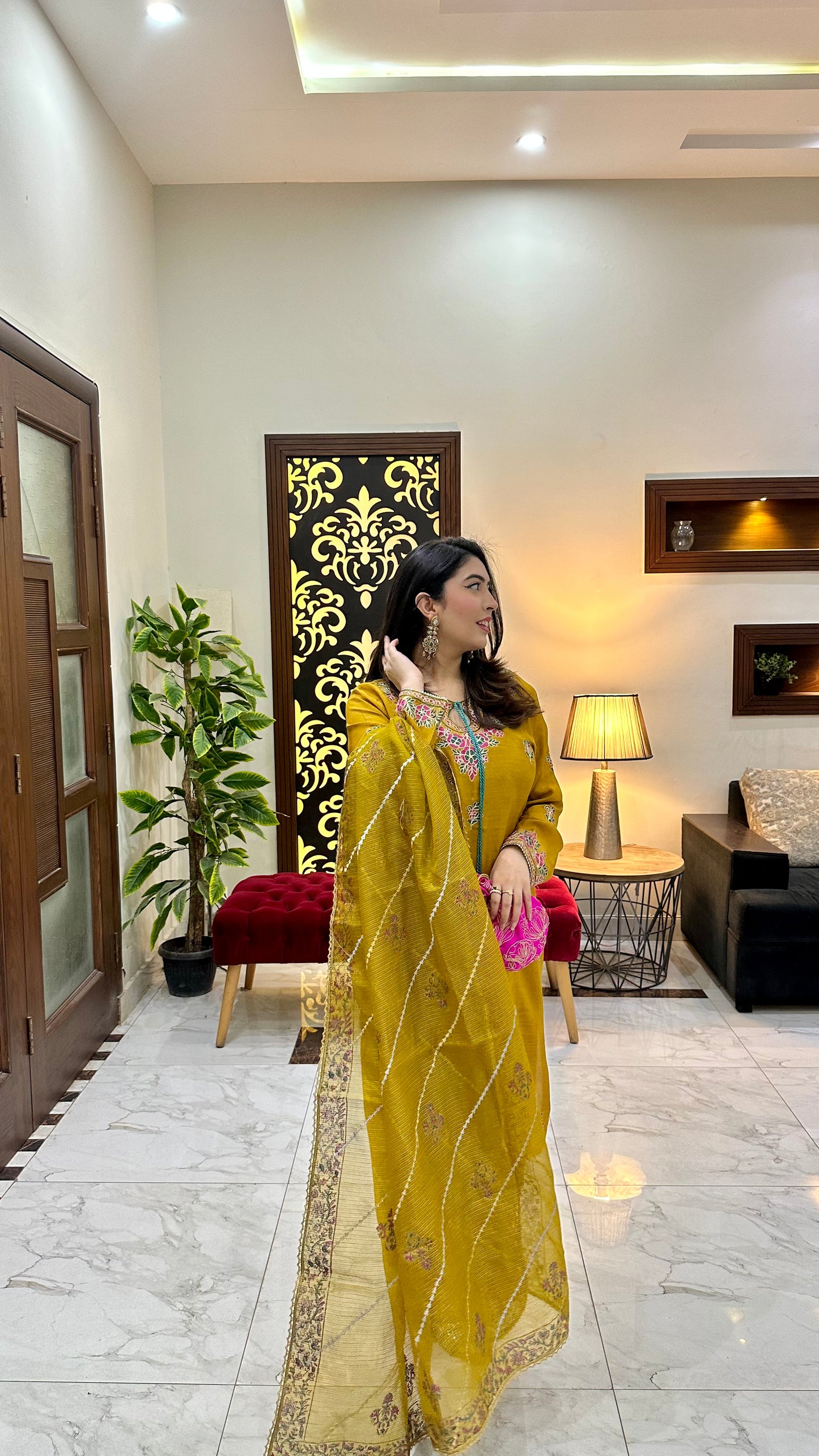 LX-20 Ari work mustard 3pc with cotton net duppata