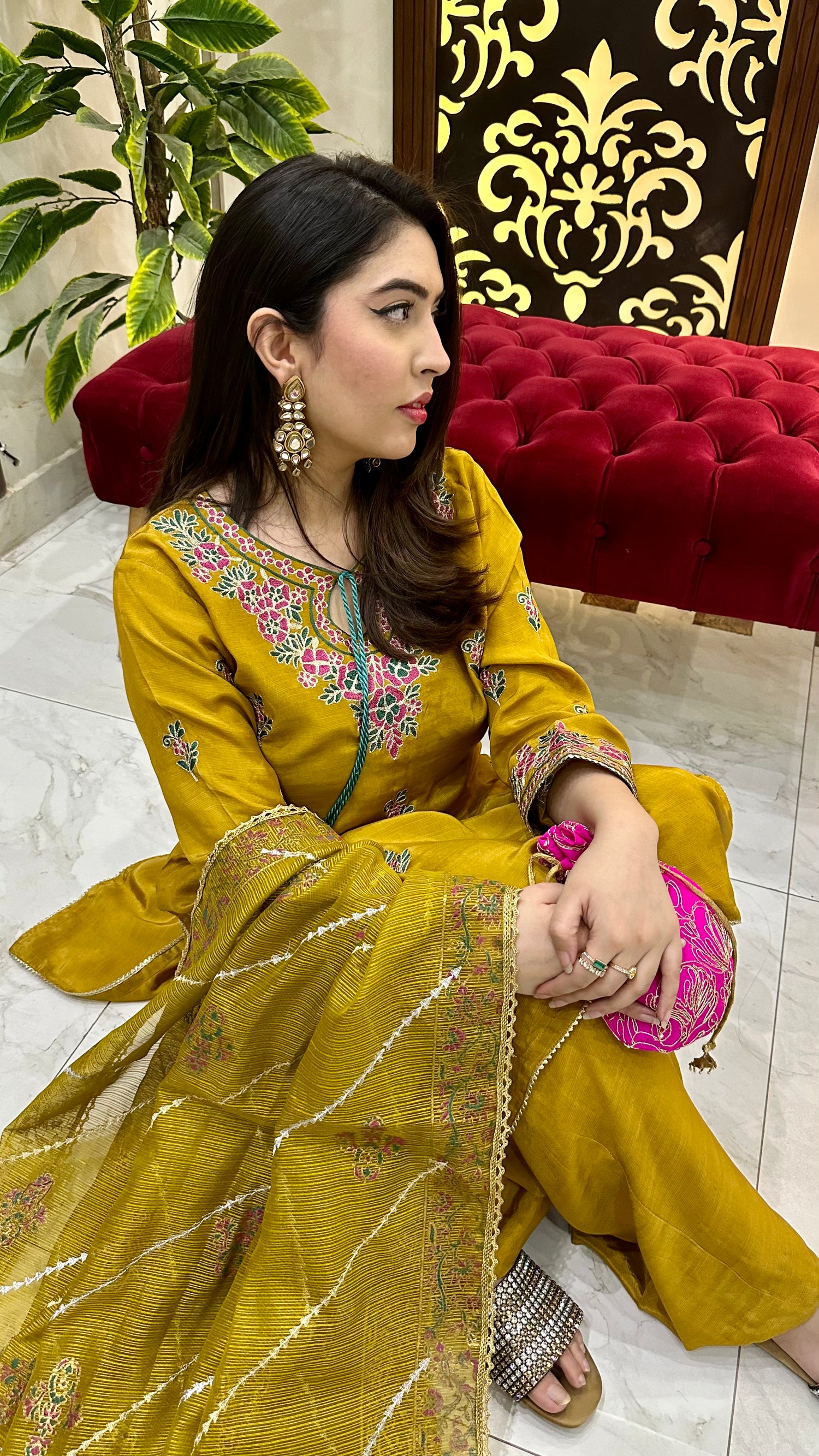 LX-20 Ari work mustard 3pc with cotton net duppata