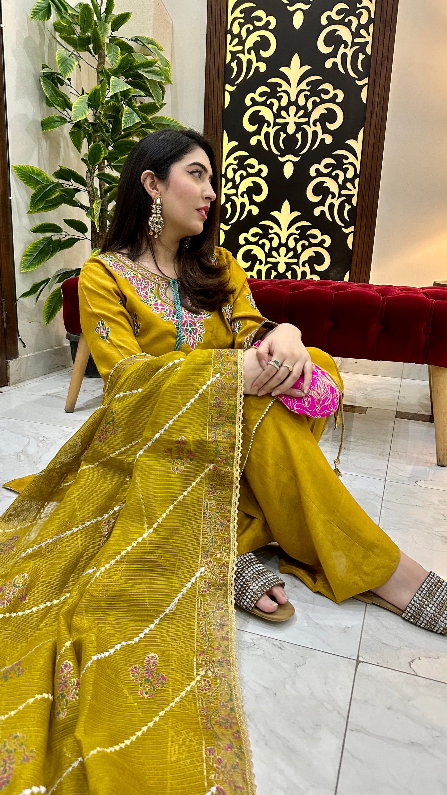 LX-20 Ari work mustard 3pc with cotton net duppata