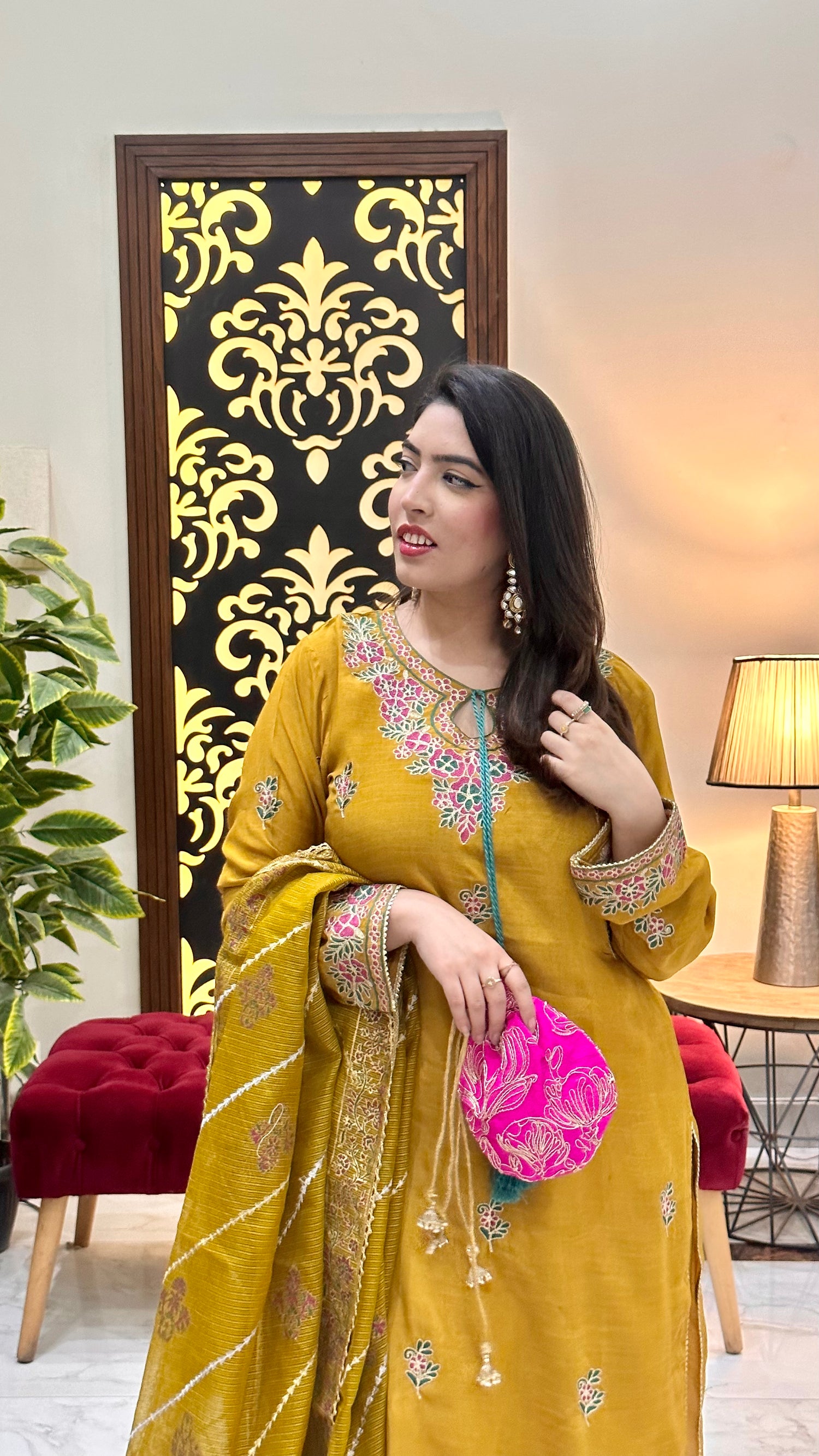 LX-20 Ari work mustard 3pc with cotton net duppata