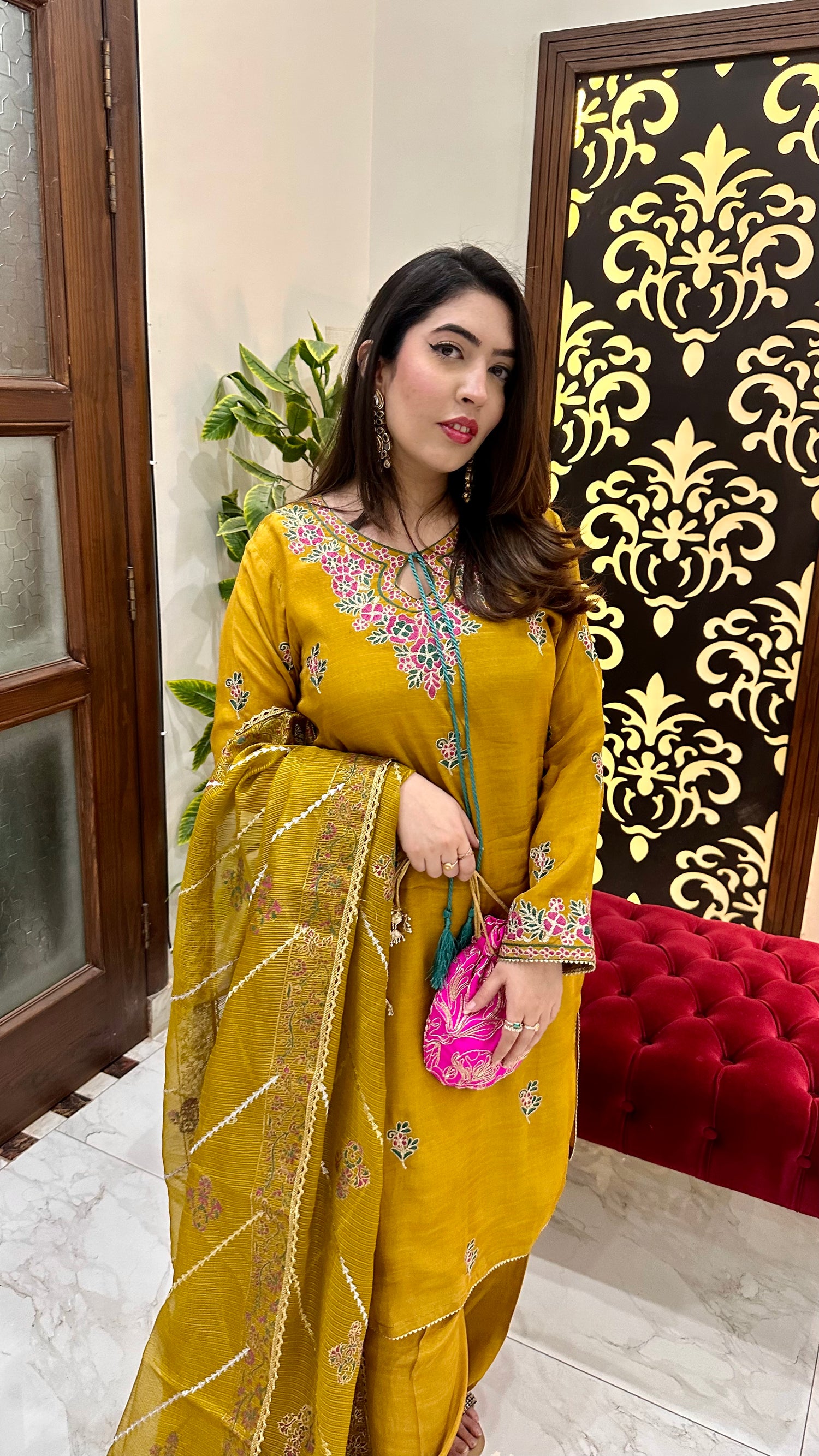 LX-20 Ari work mustard 3pc with cotton net duppata