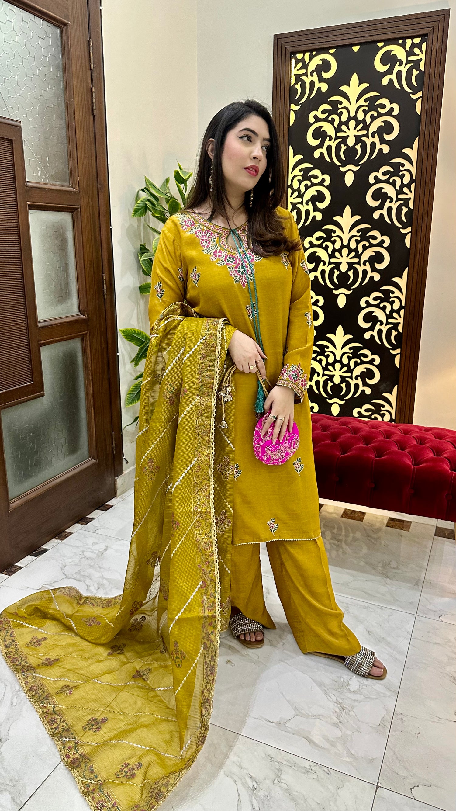 LX-20 Ari work mustard 3pc with cotton net duppata